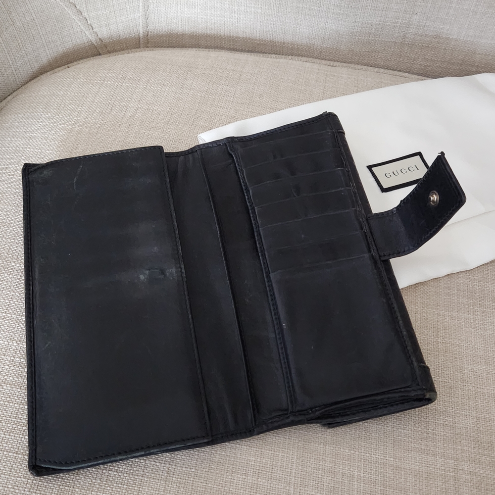 Gucci GG Black Guccissima Long Trifold Snap Wallet W/ Gucci Gold Horsebit Accent - Picture 11 of 16